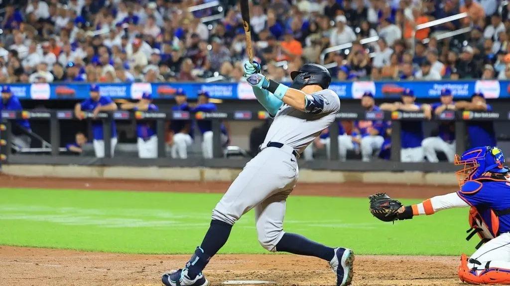 Aaron Judge 99 of the New York Yankees is doubling during the seventh inning of the baseball game against New York Mets . IMAGO / NurPhoto