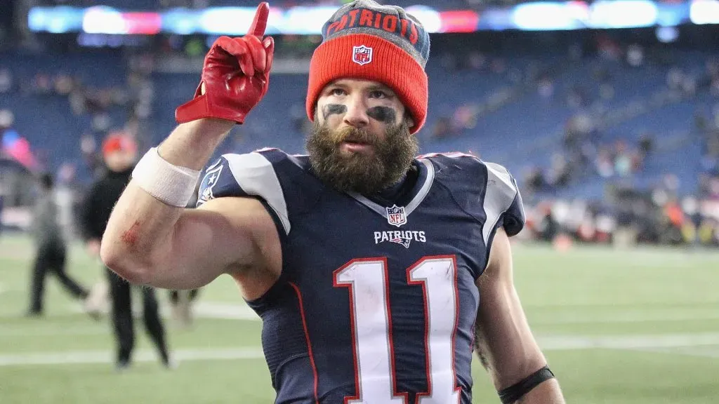 Julian Edelman #11 of the New England Patriots reacts after the Patriots 34-16 victory over the Houston Texans in the AFC Divisional Playoff Game at Gillette Stadium on January 14, 2017 in Foxboro, Massachusetts.