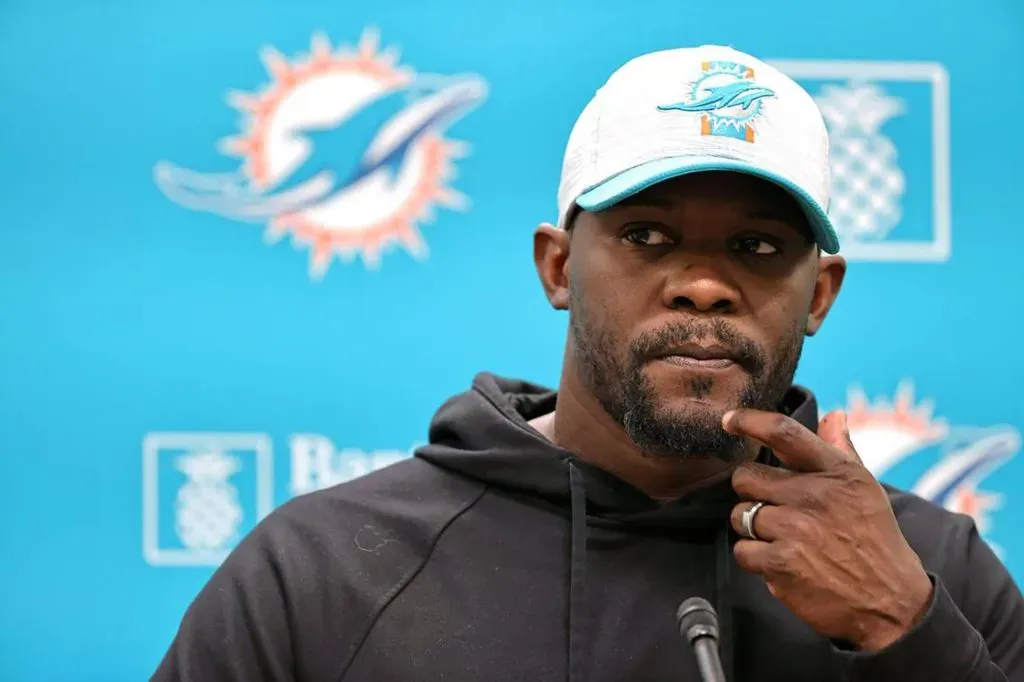 March 1, 2023: Miami Dolphins head coach Brian Flores talks to the media before practice at Baptist Health Training Complex in Hard Rock Stadium on Oct. 20, 2021, in Miami Gardens, Florida. â ZUMAm67_ 0240449994st Copyright: xDavidxSantiagox