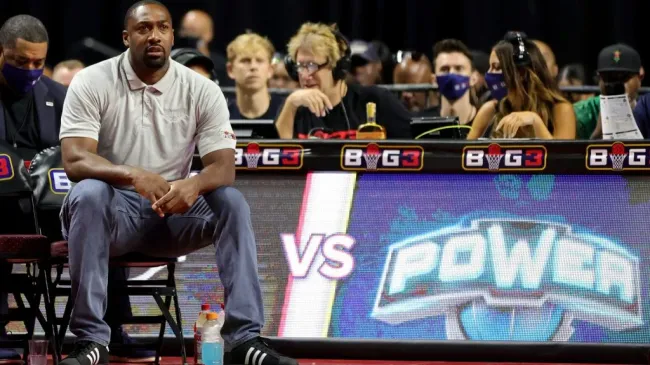 Coach Gilbert Arenas of the Enemies looks on during the game against the Power during BIG3 â Week One at the Orleans Arena on July 10, 2021 in Las Vegas, Nevada. (Photo by Stacy Revere/Getty Images for BIG3)