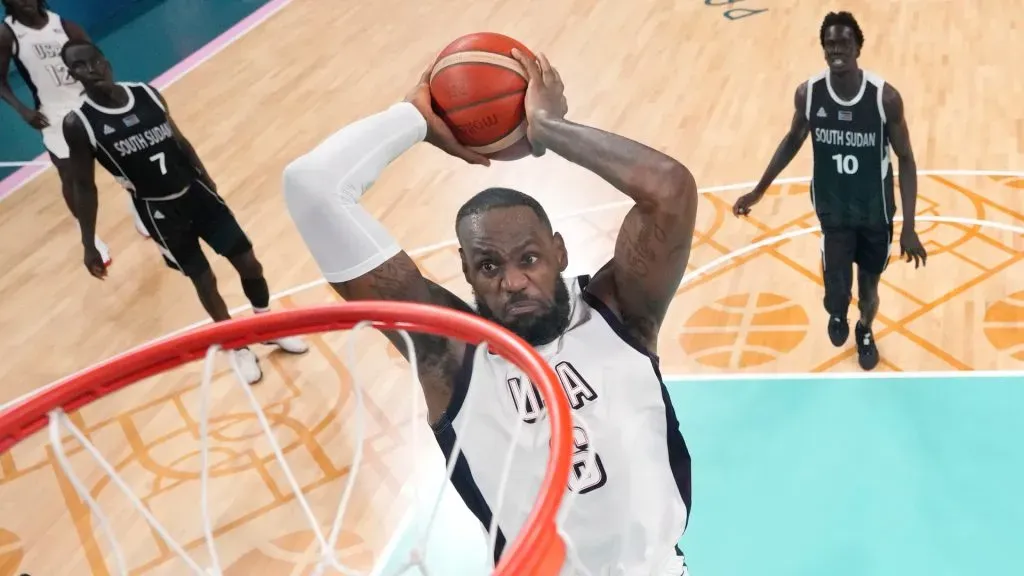 Lebron James #6 of Team United States goes up for a dunk during a Men’s Group Phase – Group C game between the United States and South Sudan. Pool/2024 Getty Images