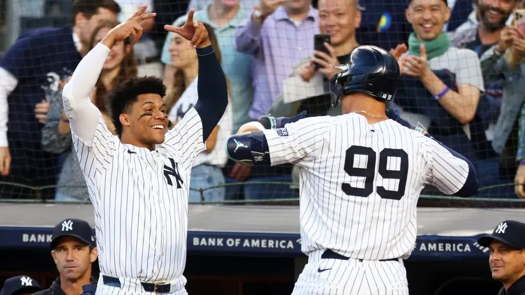 Aaron Judge #99 of the New York Yankees celebrates with Juan Soto #22 after hitting a home run in the first inning against the Cleveland Guardians at Yankee Stadium on August 20, 2024 in New York City. (Photo by Mike Stobe/Getty Images)
