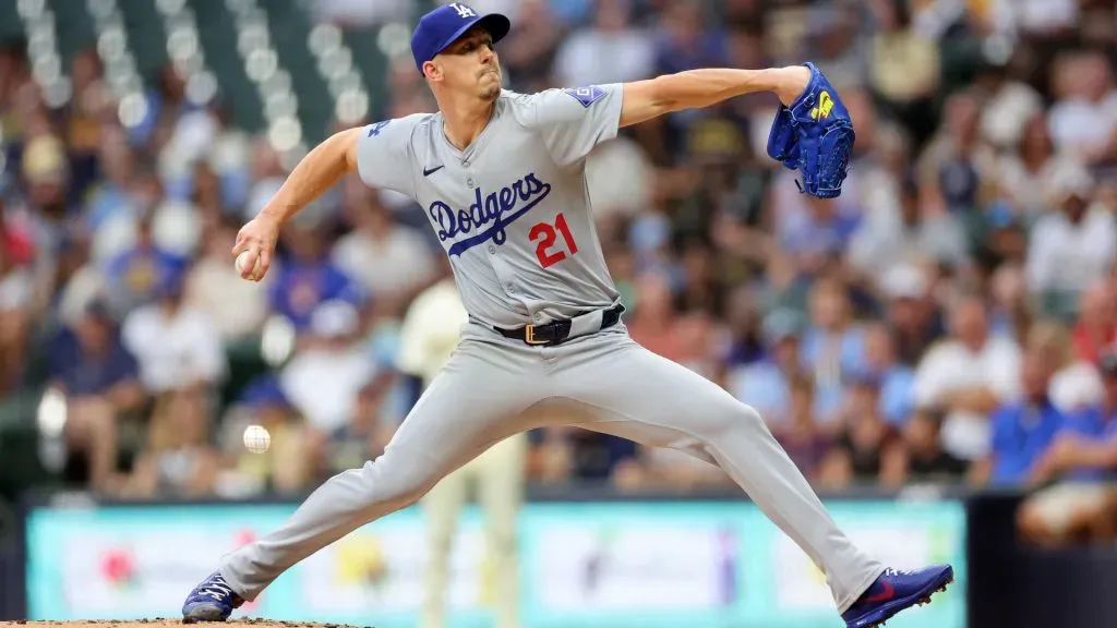 Walker Buehler #21 of the Los Angeles Dodgers throws a pitch during the first inning against the Milwaukee Brewers at American Family Field. (Photo by Stacy Revere/Getty Images)