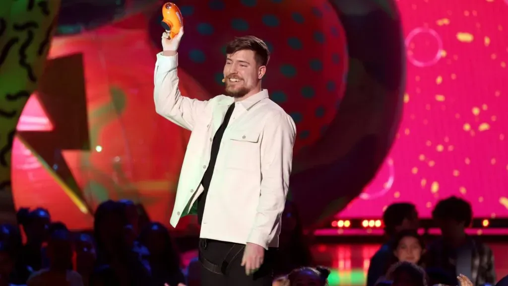 MrBeast accepts the Favorite Male Creator award onstage during the 2023 Nickelodeon Kidsā Choice Awards at Microsoft Theater. (Photo by Monica Schipper/Getty Images for Nickelodeon)