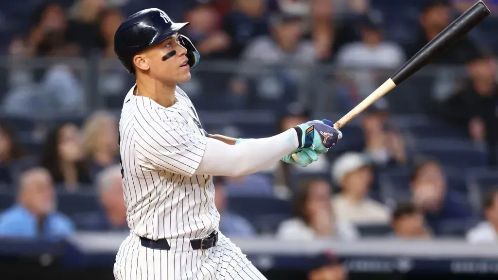 Aaron Judge #99 of the New York Yankees hits a 2-run home run in the third inning against the Cleveland Guardians at Yankee Stadium. (Photo by Mike Stobe/Getty Images)