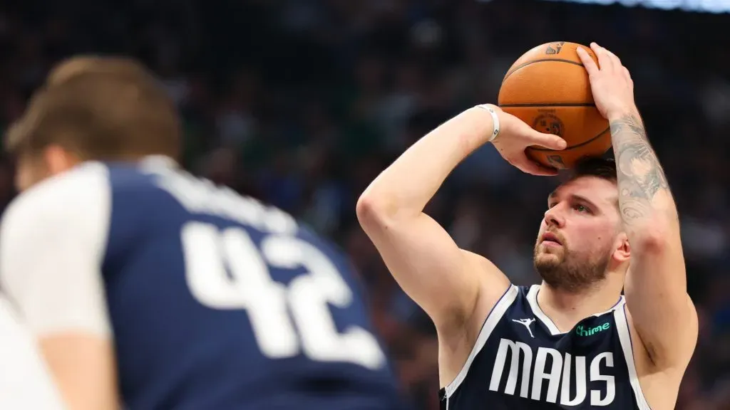 Luka Doncic #77 of the Dallas Mavericks shoots a free throw during the first quarter against the Boston Celtics in Game Four of the 2024 NBA Finals at American Airlines Center on June 14, 2024 in Dallas, Texas. (Photo by Stacy Revere/Getty Images)