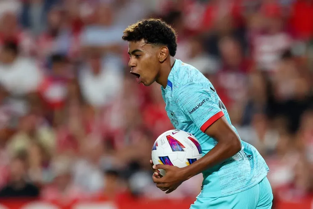 Lamine Yamal of FC Barcelona celebrates after scoring their first side goal during the LaLiga EA Sports match between Granada CF and FC Barcelona. Fran Santiago/Getty Images