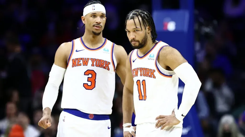 Josh Hart #3 and Jalen Brunson #11 of the New York Knicks look on during the third quarter against the Philadelphia 76ers. Tim Nwachukwu/Getty Images