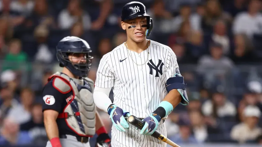 Aaron Judge #99 of the New York Yankees reacts after being hit by pitch in the fifth inning against the Cleveland Guardians. (Photo by Mike Stobe/Getty Images)
