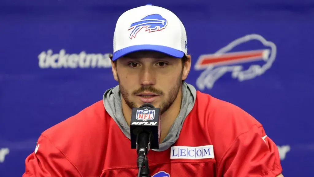 Josh Allen #17 of the Buffalo Bills speaks with media after Buffalo Bills mandatory mini camp on June 11, 2024 in Orchard Park, New York.