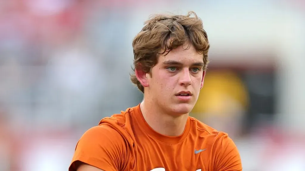 Arch Manning #16 of the Texas Longhorns warms-up prior to a game against the Alabama Crimson Tide at Bryant-Denny Stadium on September 09, 2023 in Tuscaloosa, Alabama.