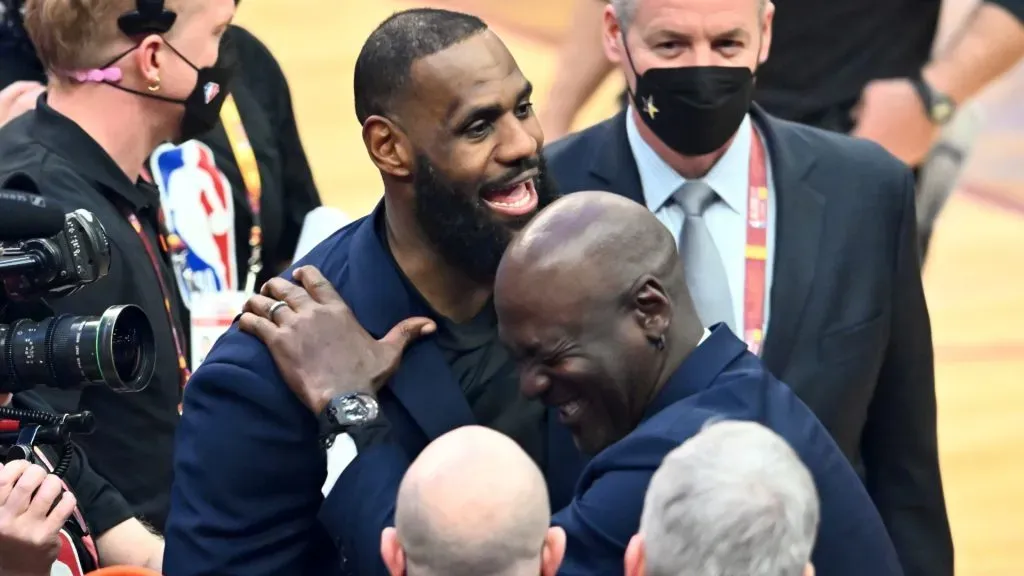 Michael Jordan and LeBron James hug after the presentation of the NBA 75th Anniversary Team during the 2022 NBA All-Star Game at Rocket Mortgage Fieldhouse. (Photo by Jason Miller/Getty Images)