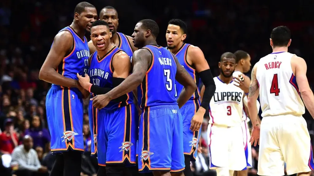 Russell Westbrook #0 of the Oklahoma City Thunder celebrates his defense on J.J. Redick #4 of the Los Angeles Clippers with Kevin Durant #35, Serge Ibaka #9 and Dion Waiters #3 and Andre Roberson #21 during a 100-99 Thunder win at Staples Center. (Photo by Harry How/Getty Images)