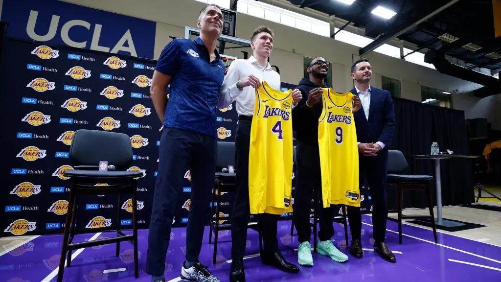 Bronny James and Dalton Knecht are presented as new Lakersā players alongside JJ Redick and Rob Pelinka. Ronald Martinez/Getty Images