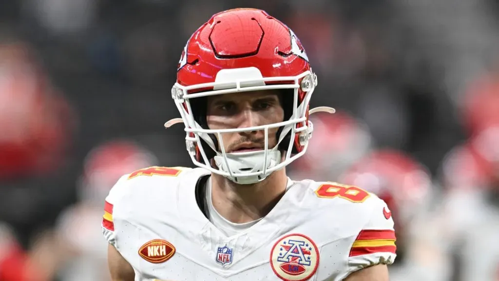 Wide receiver Justin Watson #84 of the Kansas City Chiefs makes a catch in warmups before a game against the Las Vegas Raiders at Allegiant Stadium on November 26, 2023 in Las Vegas, Nevada. The Chiefs defeated the Raiders 31-17.