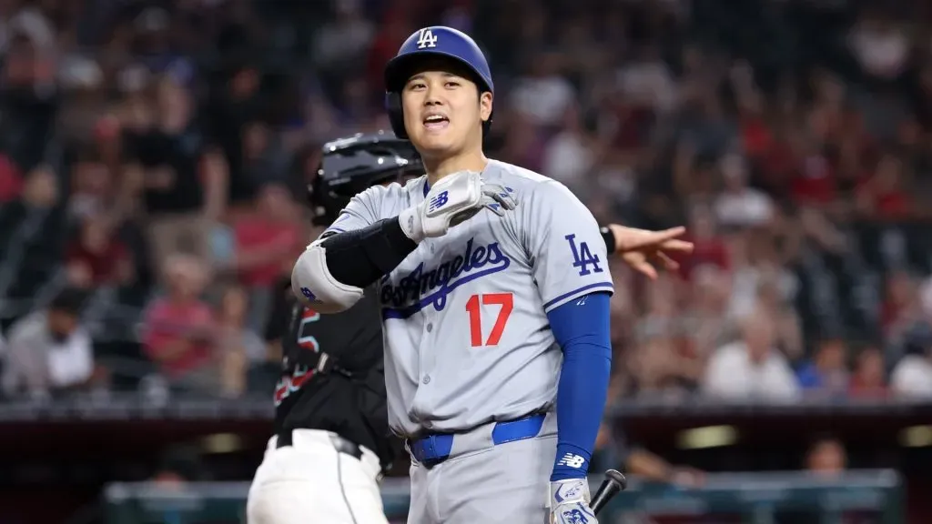 Shohei Ohtani #17 of the Los Angeles Dodgers reacts after striking out during the ninth inning against the Arizona Diamondbacks at Chase Field. (Photo by Chris Coduto/Getty Images)