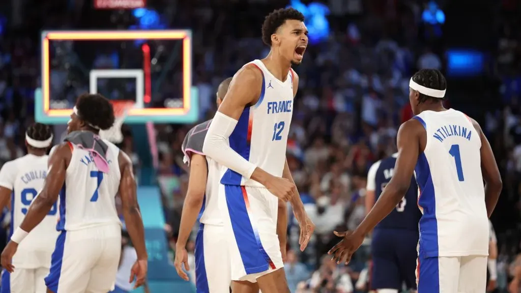 Victor Wembanyama #32 of Team France reacts during the Menās Gold Medal game between Team France and Team United States on day fifteen of the Olympic Games Paris 2024 at Bercy Arena on August 10, 2024 in Paris, France. (Photo by Ezra Shaw/Getty Images)