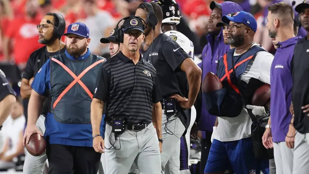 KANSAS CITY, MISSOURI ā SEPTEMBER 05: Head coach John Harbaugh of the Baltimore Ravens looks on during the NFL game against the Kansas City Chiefs at GEHA Field at Arrowhead Stadium on September 05, 2024 in Kansas City, Missouri. The Chiefs defeated the Ravens 27-20. (Photo by Christian Petersen/Getty Images)