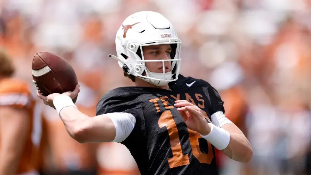 Arch Manning #16 of the Texas Longhorns warms up before the Texas Football Orange-White Spring Football Game at Darrell K Royal-Texas Memorial Stadium on April 15, 2023 in Austin, Texas.