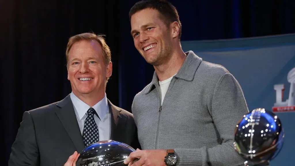 NFL Commissioner Roger Goodell, left, and New England Patriots' Tom Brady with the Pete Rozelle MVP Trophy during the Super Bowl Winner and MVP press conference on February 6, 2017 in Houston, Texas.