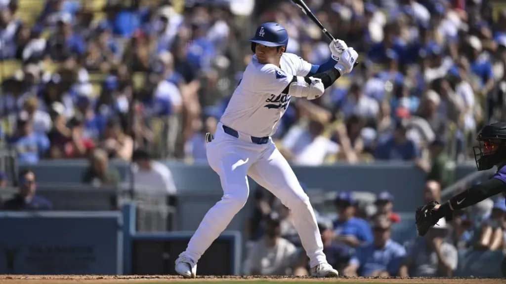 Shohei Ohtani #17 of the Los Angeles Dodgers hits for a single in the third inning against the Colorado Rockies at Dodger Stadium. (Photo by John McCoy/Getty Images)