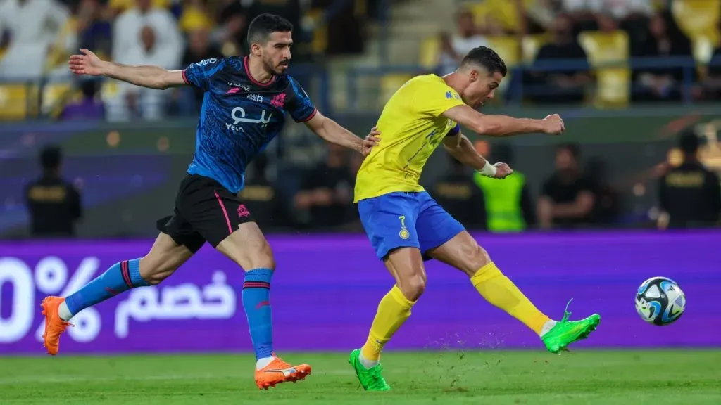Cristiano Ronaldo of Al Nassr scores the 5th goal during the Saudi Pro League match between Al-Nassr and Al Wehda at Al Awwal Park on May 4, 2024 in Riyadh, Saudi Arabia.