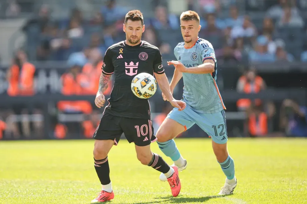 Lionel Messi #10 of Inter Miami CF plays the ball Strahinja Tanasijevi #12 of New York City FC. Vincent Carchietta/Getty Images
