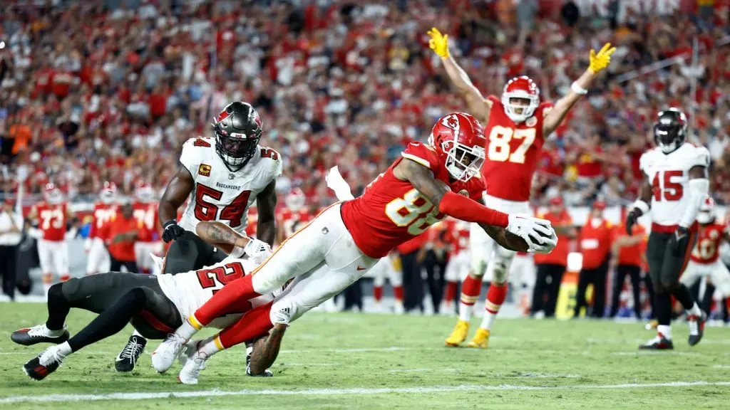 Jody Fortson #88 of the Kansas City Chiefs dives into the endzone for a touchdown against the Tampa Bay Buccaneers during the third quarter at Raymond James Stadium on October 02, 2022 in Tampa, Florida.