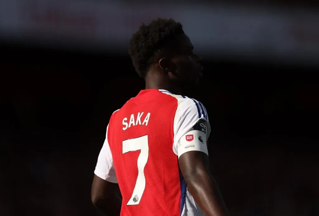 The āPlay Safeā Premier League captainās armband, seen worn on the arm of Bukayo Saka of Arsenal. Julian Finney/Getty Images