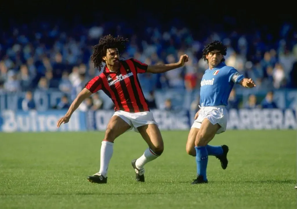 Ruud Gullit of AC Milan and Diego Maradona of Napoli in action. Allsport UK /Allsport