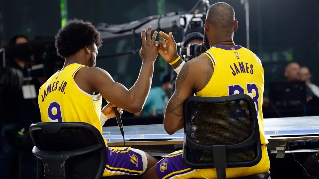LeBron James #23 of the Los Angeles Lakers and his son Bronny James Jr. #9 attend the Los Angeles Lakers media day at UCLA Health Training Center on September 30, 2024 in El Segundo, California.