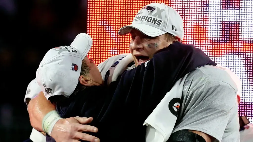 Bill Belichick and Rob Gronkowski celebrating in the New England Patriots (Photo by Rob Carr/Getty Images)