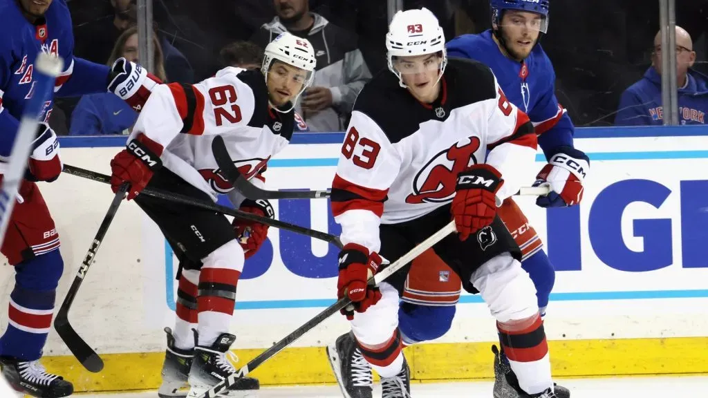 Matyas Melovsky #83 of the New Jersey Devils skates against the New York Rangers at Madison Square Garden on October 01, 2024 in New York City. (Photo by Bruce Bennett/Getty Images)