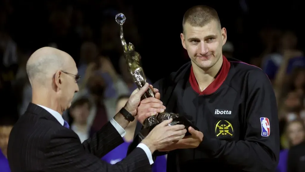 NBA Commissioner Adam Silver presents Nikola Jokic #15 of the Denver Nuggets with the Michael Jordan MVP trophy prior to Game Five of the Western Conference Second Round Playoffs against the Minnesota Timberwolves at Ball Arena on May 14, 2024 in Denver, Colorado.