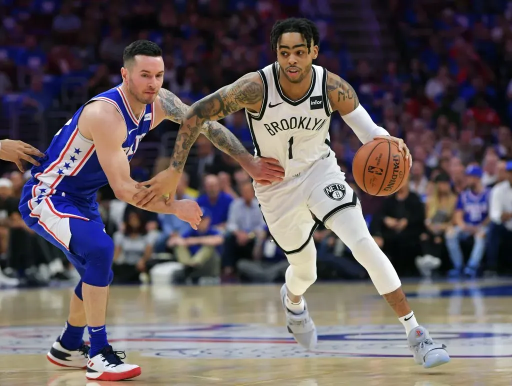 D’Angelo Russell #1 of the Brooklyn Nets drives around JJ Redick #17 of the Philadelphia 76ers. Drew Hallowell/Getty Images