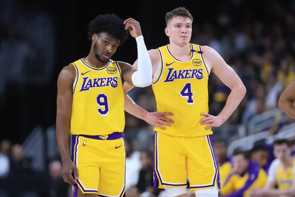 Bronny James #9 and Dalton Knecht #4 of the Los Angeles Lakers look on during the second half of a game against the Minnesota Timberwolves. Sean M. Haffey/Getty Images
