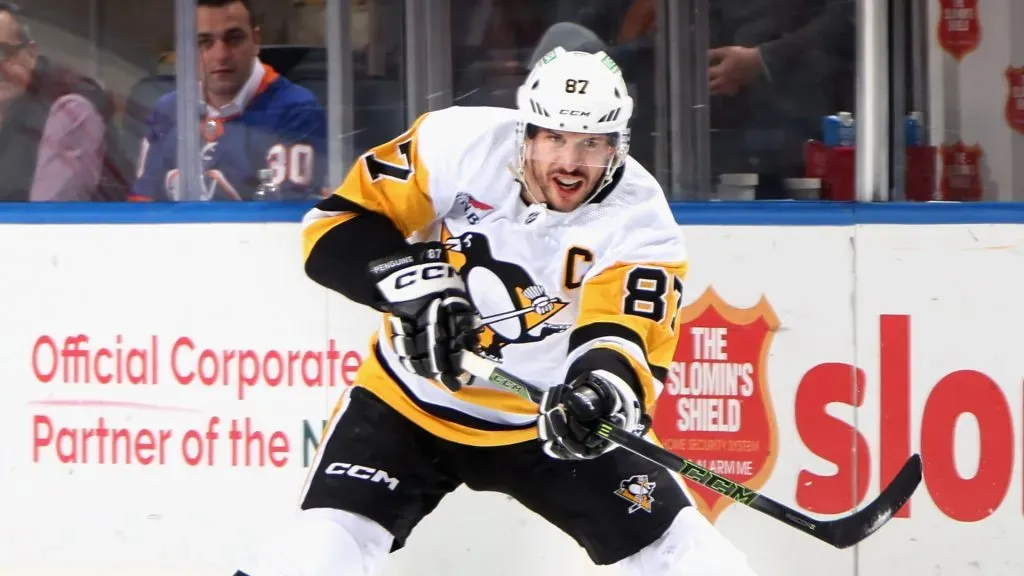 Sidney Crosby #87 of the Pittsburgh Penguins skates against the New York Islanders at UBS Arena on April 17, 2024 in Elmont, New York.