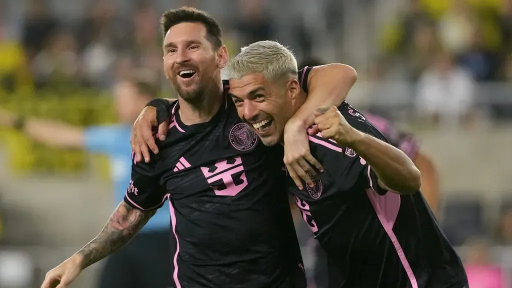 Lionel Messi #10 and Luis Suarez #9 of Inter Miami CF celebrate a goal during the second half against the Columbus Crew at Lower.com Field on October 02, 2024 in Columbus, Ohio. (Photo by Jason Mowry/Getty Images)
