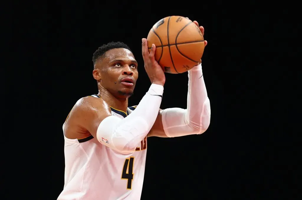 Russel Westbrook of Denver Nuggets shoots during the NBA match between Denver Nuggets and Boston Celtics at Etihad Arena. Francois Nel/Getty Images