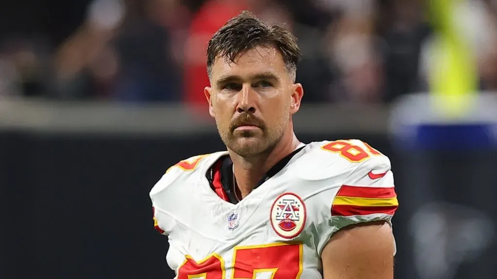 Travis Kelce #87 of the Kansas City Chiefs looks on prior to the game against the Atlanta Falcons at Mercedes-Benz Stadium on September 22, 2024 in Atlanta, Georgia.