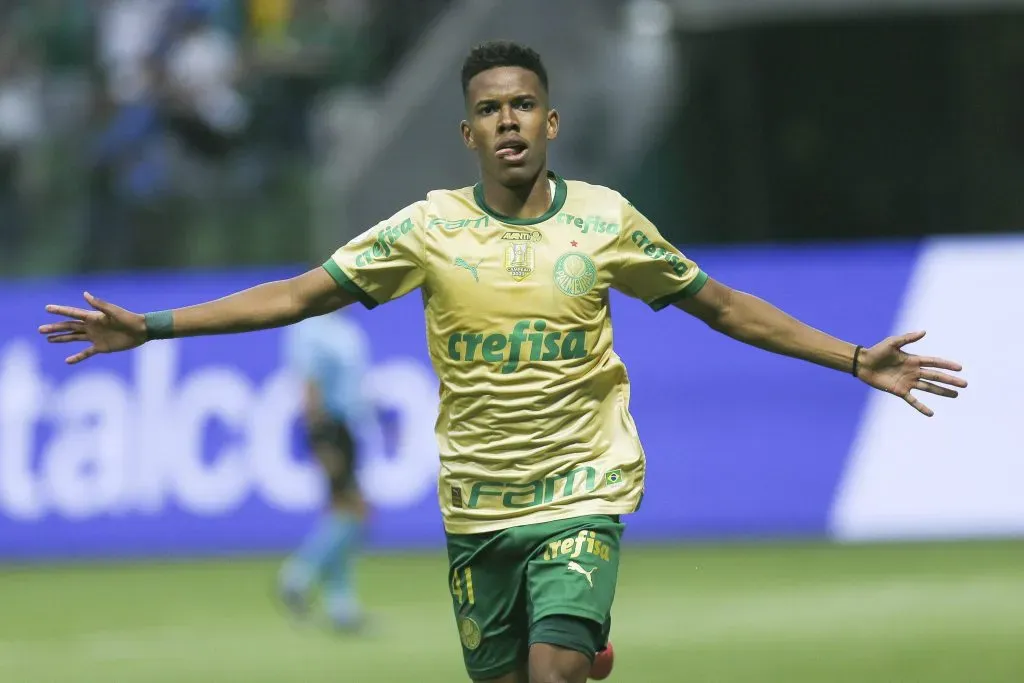 Estevao of Palmeiras celebrates after scoring the fourth goal of his team during the Brasileirao 2024 match between Palmeiras and Criciuma. Ricardo Moreira/Getty Images