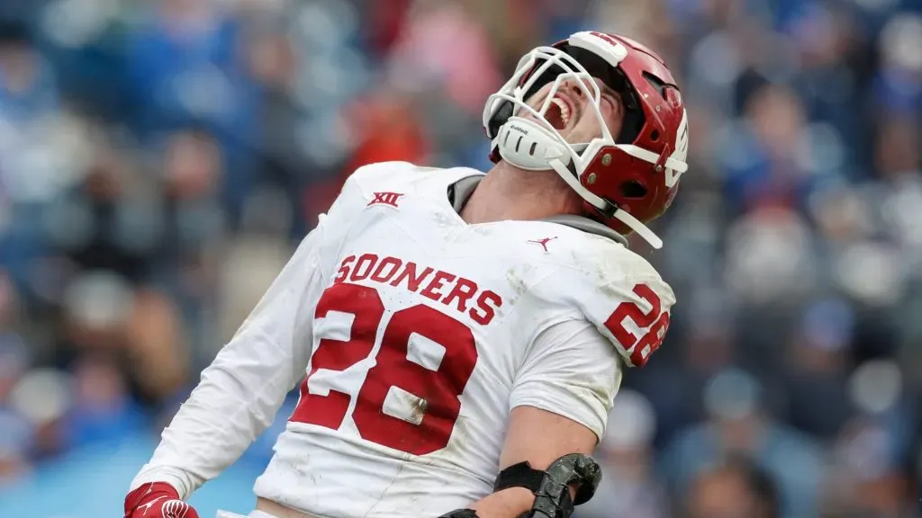 Danny Stutsman #28 of the Oklahoma Sooners celebrates forcing a fumble against the Brigham Young Cougars during the second half of their game at LaVell Edwards Stadium on November 18, 2023 in Provo, Utah.
