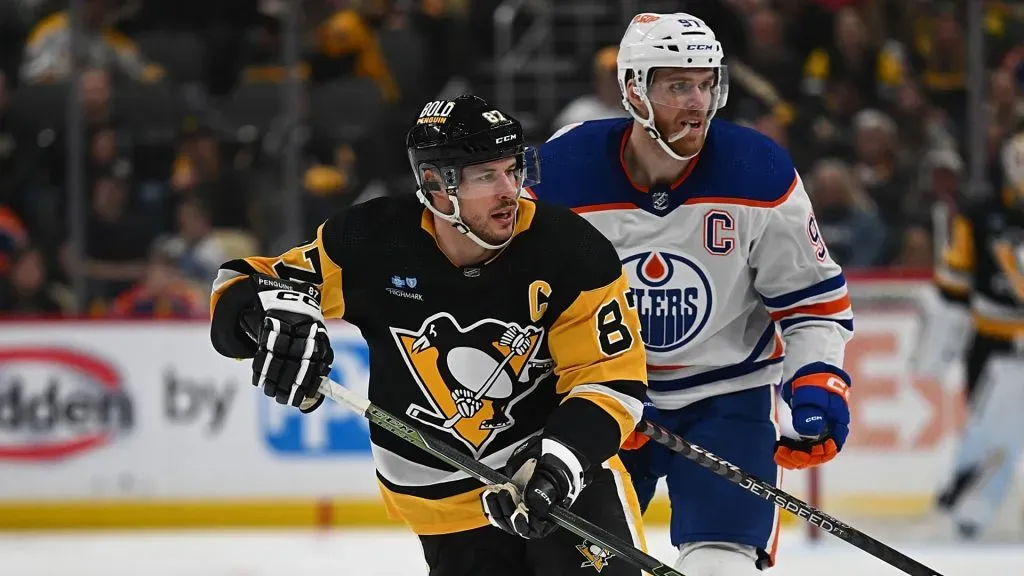 Sidney Crosby #87 of the Pittsburgh Penguins skates against Connor McDavid #97 of the Edmonton Oilers in the third period during the game at PPG PAINTS Arena on March 10, 2024 in Pittsburgh, Pennsylvania. (Photo by Justin Berl/Getty Images)
