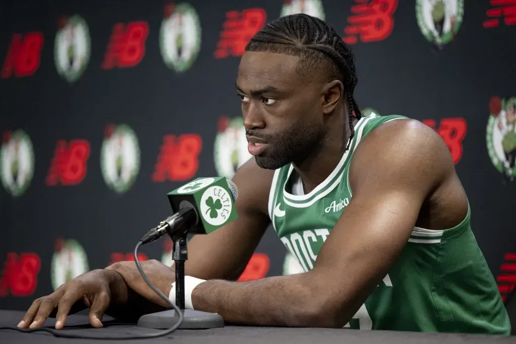Jaylen Brown #7 of the Boston Celtics speaks to the media during Boston Celtics Media Day. Maddie Malhotra/Getty Images