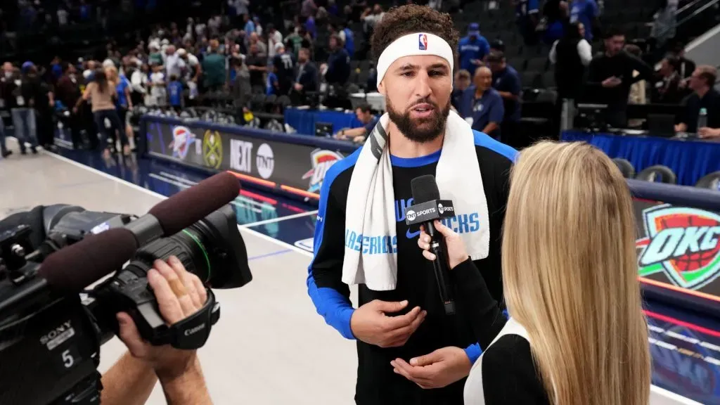 Klay Thompson #31 of the Dallas Mavericks is interviewed after their 120-109 win over the San Antonio Spurs at American Airlines Center on October 24, 2024 in Dallas, Texas.