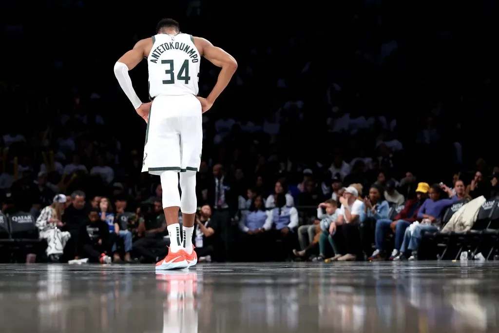 Giannis Antetokounmpo #34 of the Milwaukee Bucks in action against the Brooklyn Nets. Luke Hales/Getty Images