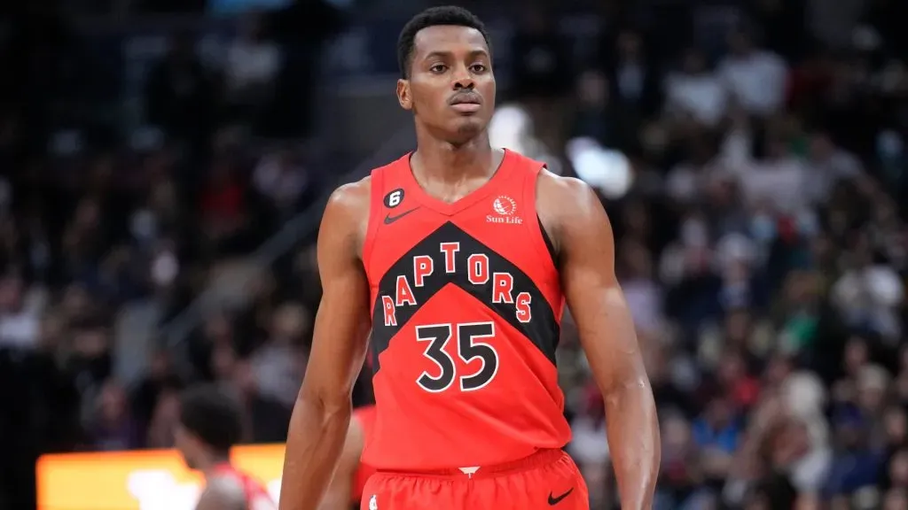Christian Koloko #35 of the Toronto Raptors looks on against the Philadelphia 76ers during the second half of their basketball game at the Scotiabank Arena on October 26, 2022 in Toronto, Ontario, Canada.