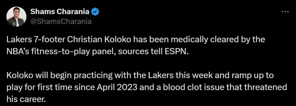 Shams Charania's post on X about Christian Koloko's situation.