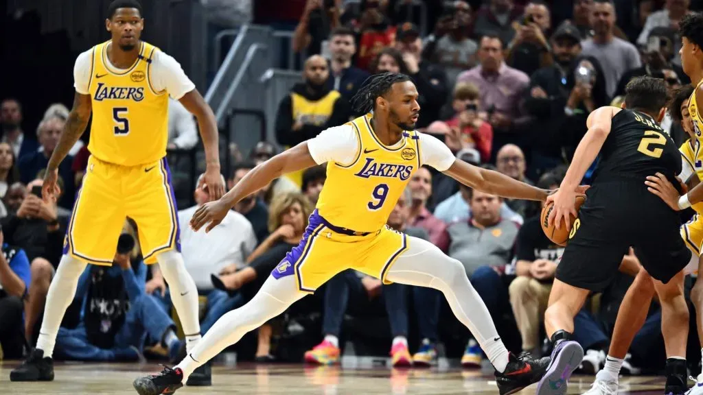 Bronny James #9 of the Los Angeles Lakers guards Ty Jerome #2 of the Cleveland Cavaliers during the fourth quarter at Rocket Mortgage Fieldhouse on October 30, 2024 in Cleveland, Ohio. (Photo by Jason Miller/Getty Images)