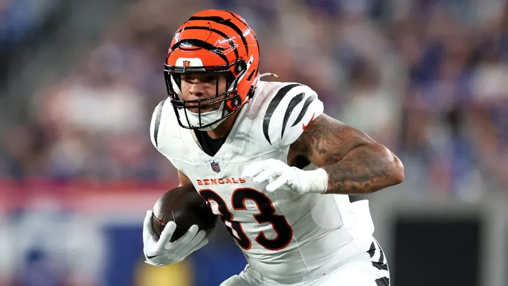 Erick All Jr. #83 of the Cincinnati Bengals in action against the New York Giants at MetLife Stadium on October 13, 2024 in East Rutherford, New Jersey.